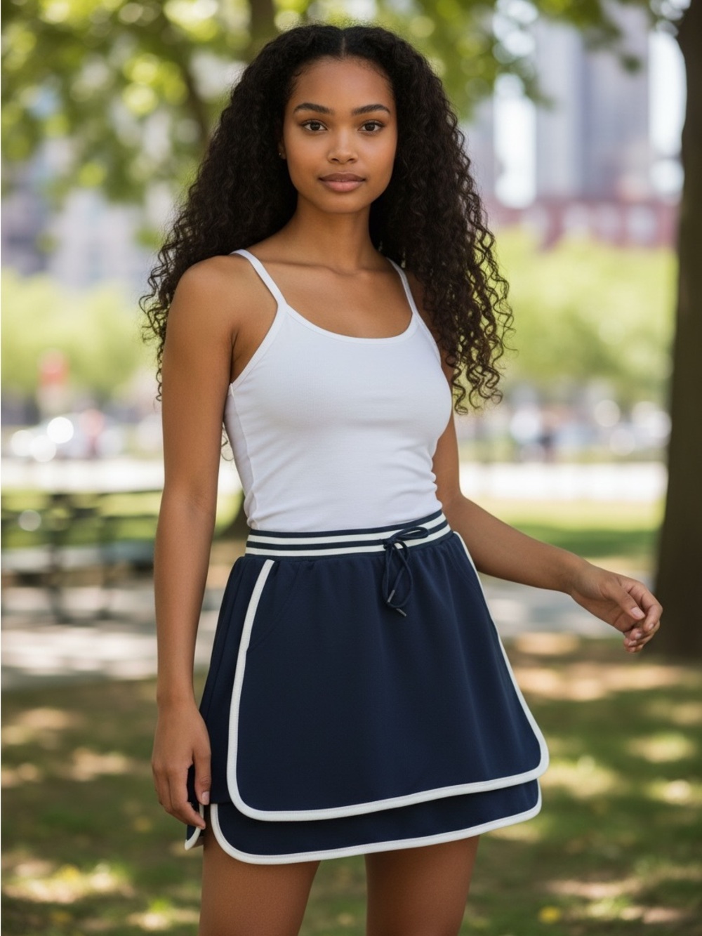 Navy Double-Layer Drawstring Skort with White Trim